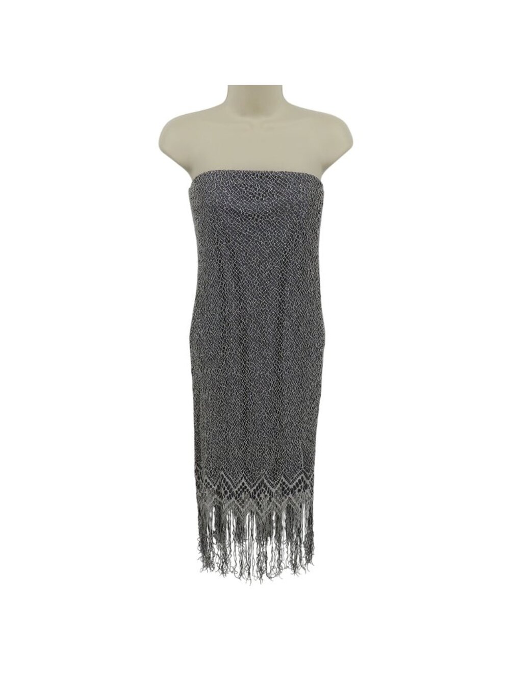VTG Savvy Women Large Strapless Metallic Silver Gray Net Fringe Trim Dress 1990s